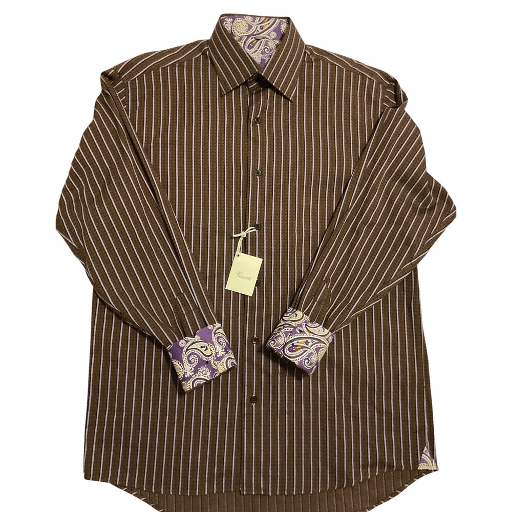 Visconti Roma Sasha Mens Brown Striped Mercerized Cotton Shirt Purple Paisley M